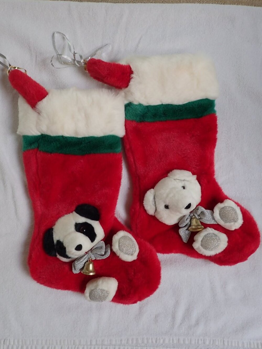 Plush Bear Christmas Stockings w Bells